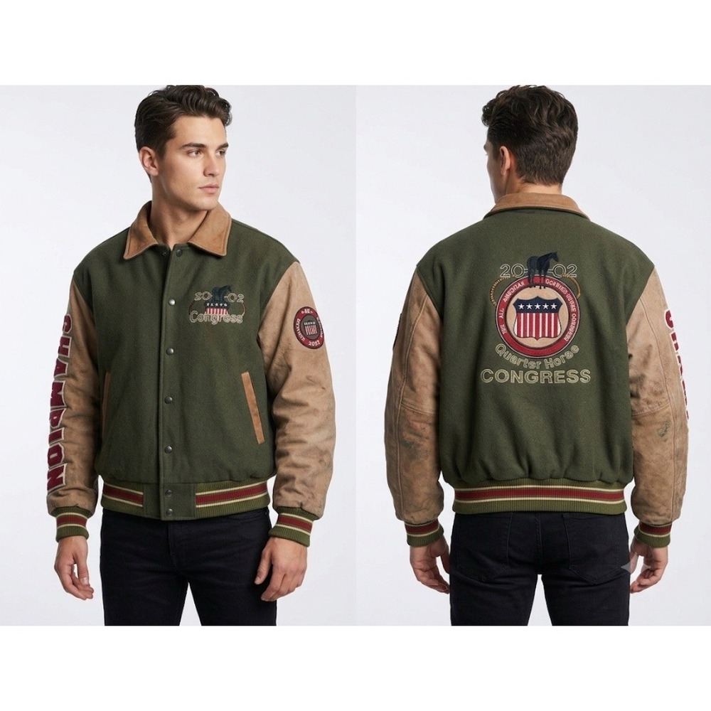 Vtg Schneiders 2002 Quarter Horse Congress Varsity Jacket Wool Leather M Boxy